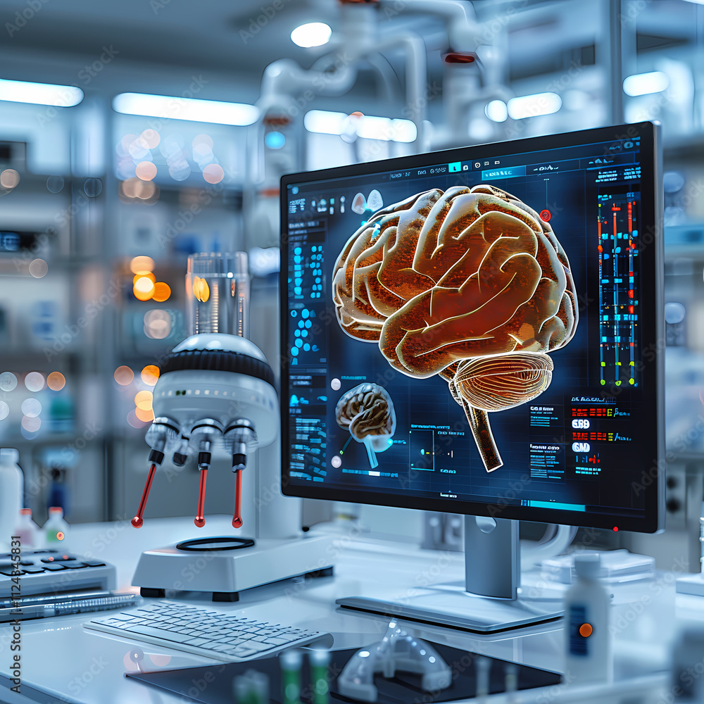 Poster brainpower unveiled: a computer monitor in a scientific lab displays a detailed 3d model of the huma