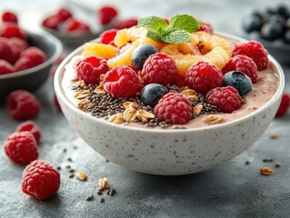 A colorful bowl of yogurt topped with fresh fruits and seeds.