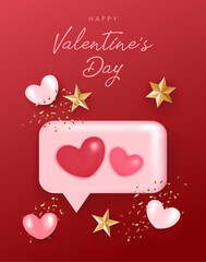 Happy Valentine's Day poster with message box, little hearts, stars and confetti. Realistic vector for poster, social media, website, greeting card, coupon, voucher, promotion, sale, discount