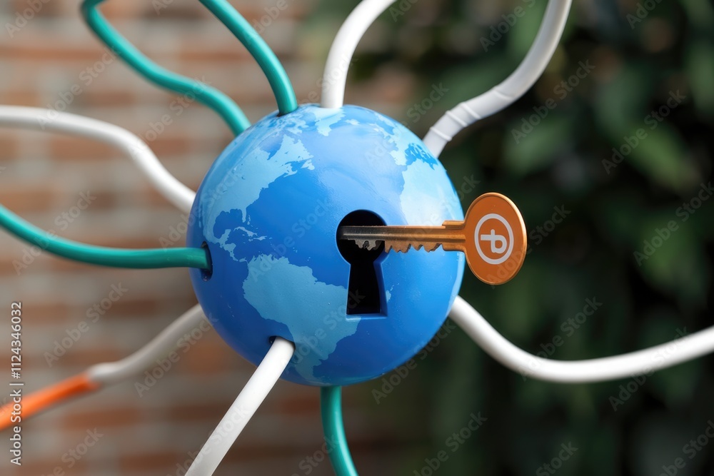Poster Global network security concept illustrated with a key unlocking a world globe, symbolizing worldwide connectivity and data protection.