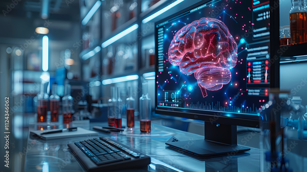 Poster brain research lab: a futuristic lab scene, with a computer screen showcasing a detailed 3d model of