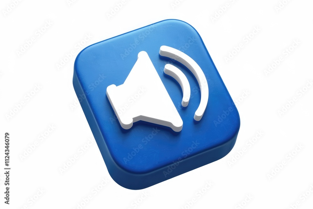 Poster A 3D rendered blue square button with a white speaker icon, symbolizing sound or audio.