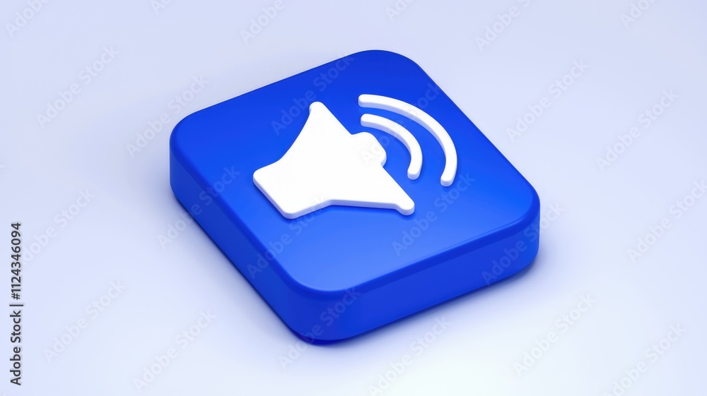 Poster a 3d rendered blue square button displays a white speaker icon with sound waves, symbolizing audio.