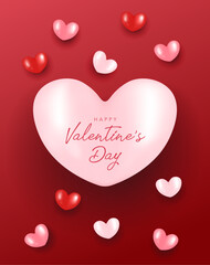 Happy Valentine's Day template poster with little pink, red and white hearts on red background. Vector illustration for sale, discount, holiday, greeting card, website, brochure, flyer, social media