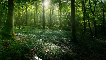 Obraz premium Generated image: Dark green forest background with natural light streaming through a dense canopy of trees.
