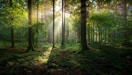Obraz premium Generated image: Dark green forest background with natural light streaming through a dense canopy of trees.