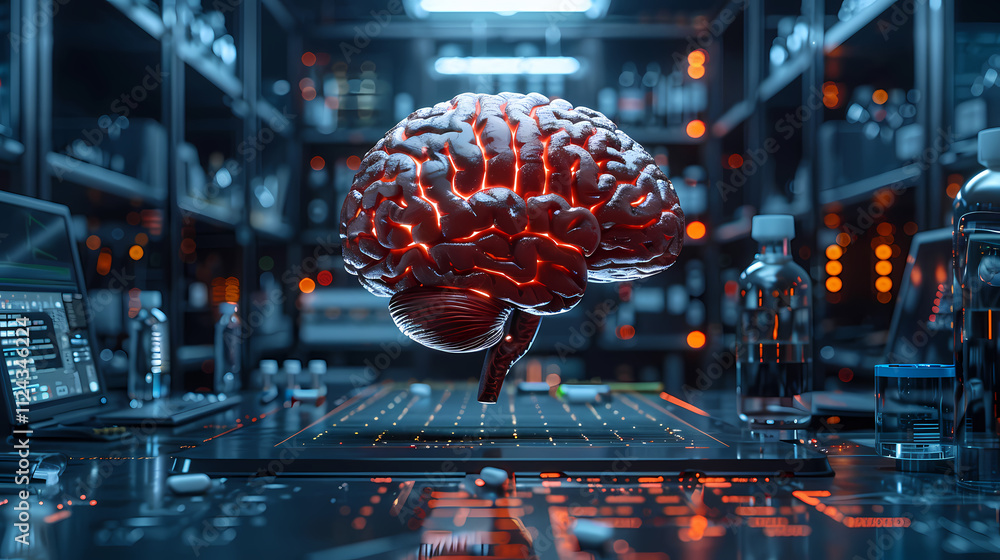 Poster brain in a lab: a glowing, translucent brain model floats above a futuristic laboratory workbench, s