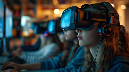 Classroom of Kids Engaging in Virtual Reality Learning with VR Glasses