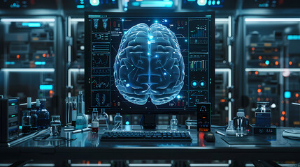 Fototapeta premium Digital Mind: A 3D rendering of a human brain illuminated with glowing neural pathways displayed on a computer monitor in a futuristic lab setting.