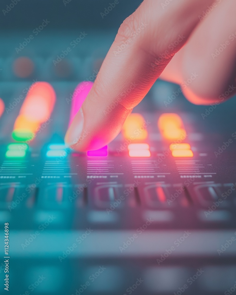 Poster capturing precision fingers adjusting audio mixer with vibrant led reflections