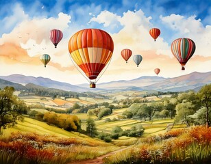 Fototapeta premium Hot air balloons floating over a serene countryside, captured in soft watercolor tones