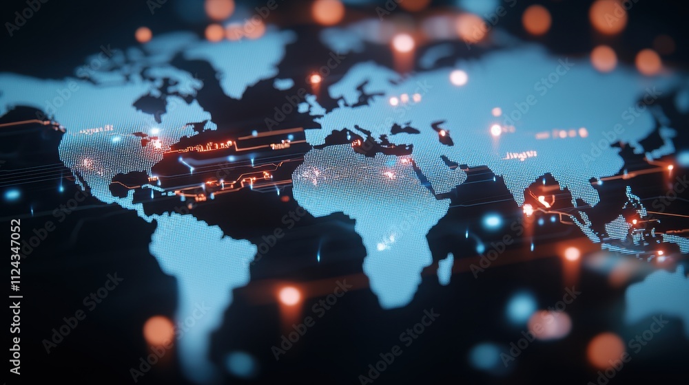 Poster a high-tech digital world map with glowing data points and circuit-like connections, illustrating gl