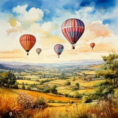 Obraz premium Hot air balloons floating over a serene countryside, captured in soft watercolor tones