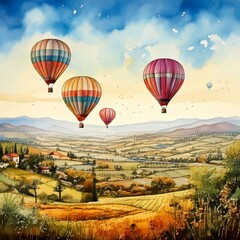 Fototapeta premium Hot air balloons floating over a serene countryside, captured in soft watercolor tones