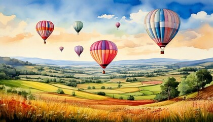 Fototapeta premium Hot air balloons floating over a serene countryside, captured in soft watercolor tones