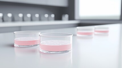 Clear glass containers with pink liquid are arranged on a modern, minimalist countertop, emphasizing a clean and scientific aesthetic.
