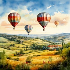 Obraz premium Hot air balloons floating over a serene countryside, captured in soft watercolor tones