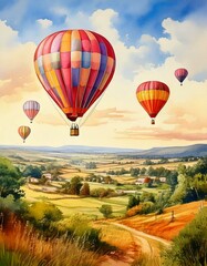 Obraz premium Hot air balloons floating over a serene countryside, captured in soft watercolor tones