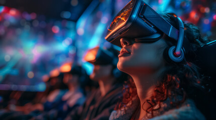 Group of People with VR Headsets Watching a Visual Movie in a Digital 3D Cinema Environment