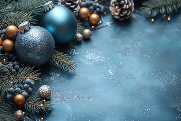 Blue background with Christmas tree and bunch of Christmas ornaments with copy space