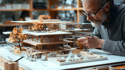 Architect Crafting Architectural Model: A meticulous architect, his face etched with concentration, meticulously refines a detailed architectural model.