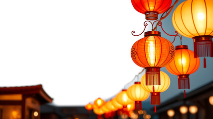 A vibrant trail of glowing lanterns illuminates a festive street, casting a warm glow on the night