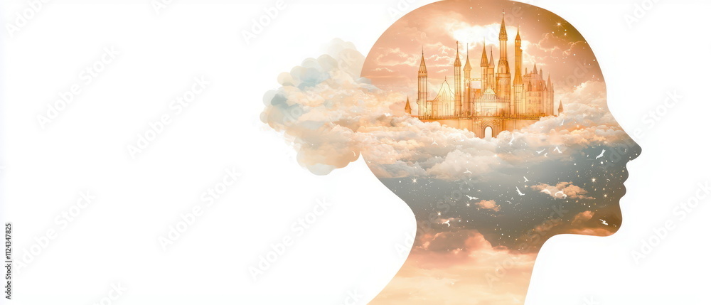 Poster dreamlike digital art cloudy fantasy world visualization in profile view