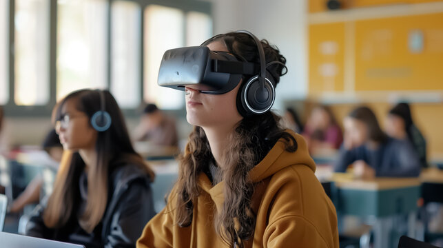 Children in School Using VR Headsets for a Virtual Reality Lesson on Innovation