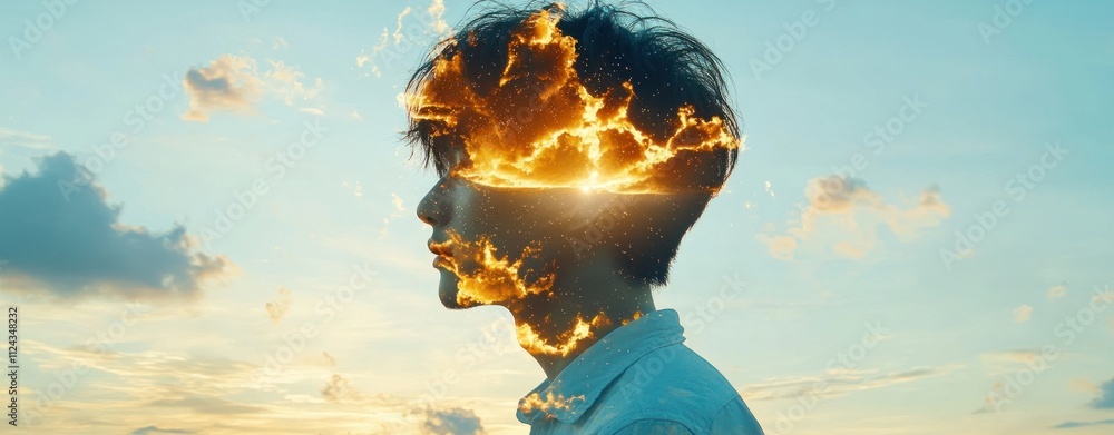 Poster double exposure image of creative portrait of a person with surreal cloud imagery outdoor setting in