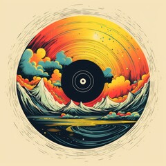 Fototapeta premium Vibrant vinyl artwork depicting mountains and sunsets artistic design nature-inspired creative viewpoint