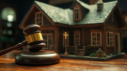 Focused shot of a wooden gavel beside a house figurine, ideal for legal or real estate concepts.