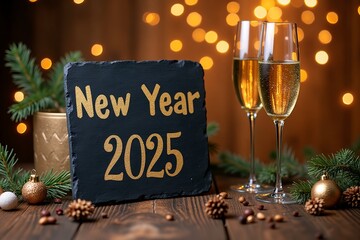Happy New Year 2025 - Greeting Card - Black slate board with golden English text. Christmas decoration on rustic wood with Champagne glasses and golden lights from fireworks in background