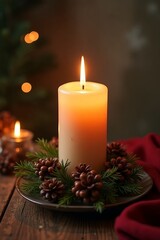 Christmas Candle with natural decoration - Advent - Christmas and New Year Greeting Card, Banner