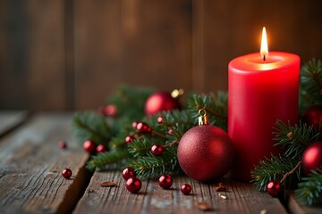 Christmas Background - Red Candle in winter snow landscape background - Blank greeting card with magic golden bokeh lights with copy space for your Xmas Advent greeting card or advertisement,