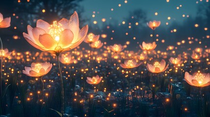 Glowing flowers illuminate a mystical night field.