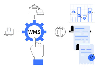 Hand points to WMS on a gear. Nearby are a warehouse, cart, graph, globe, and document. Ideal for logistics, inventory control, warehousing, supply chain management, and business analytics themes