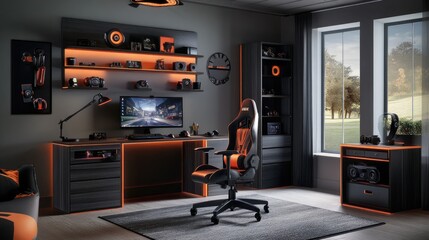Modern gaming room setup with desk, chair, shelves, and LED lighting.