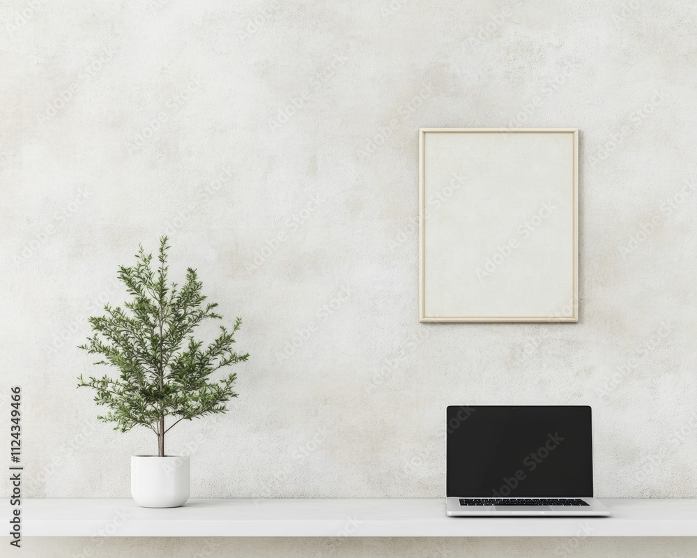 Poster minimalist workspace setup with laptop, plant, and empty frame on wall