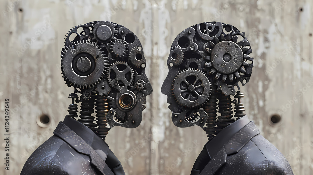 Poster mechanical minds: two robotic heads, crafted from intricate gears and metallic components, face each