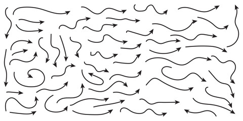 Hand drawn thin line arrows set. Many vector curvy and wavy arrows isolated on white background. Thin arrows set for business plan, presentation and education. Sign, Symbol, Hand drawn arrow vector 