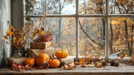 Cozy Autumn Harvest Scene with Pumpkins and Dried Flowers