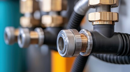 A close-up view of industrial piping, featuring metallic fittings and hoses, showcasing precision engineering and plumbing components.