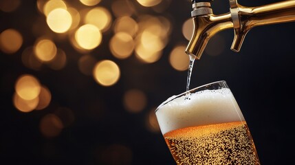 A sparkling glass of beer fills under a tap, with a blurred, glowing background creating a festive atmosphere.