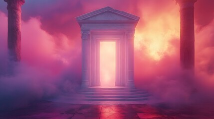 Naklejka premium Glowing portal in a mystical temple setting with columns and fog.