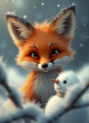 Obraz premium Cute fox with bright eyes and fluffy fur playing with a snowman in a snowy landscape