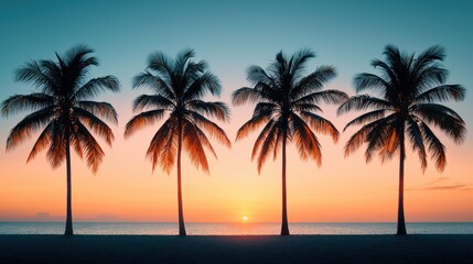 A serene sunset view featuring silhouetted palm trees against a colorful sky, evoking a tropical paradise.