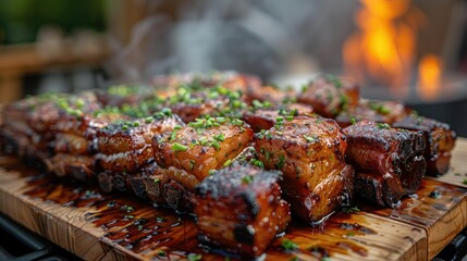 Close-up of delicious grilled pork belly cubes on a wooden board, glistening with glaze and garnished with fresh herbs, set against a blurred background of fire.