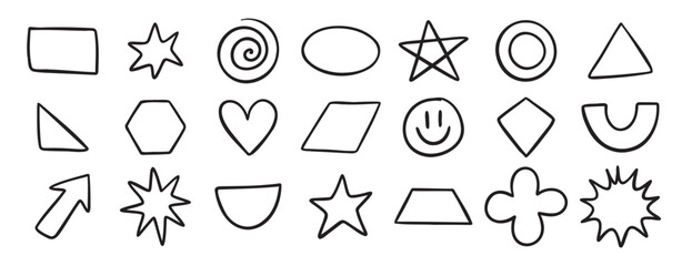 Basic geometric shapes doodle hand drawn icon set. Outline drawing for learning games math flat figure line clipart symbol 