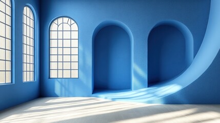 Obraz premium Blue shooting decor with a flying white ribbon, play of light and shadow, all in a minimalist style