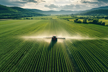 Aerial view of a tractor fertilizing a cultivated agricultural field. Crop care. Field irrigation.